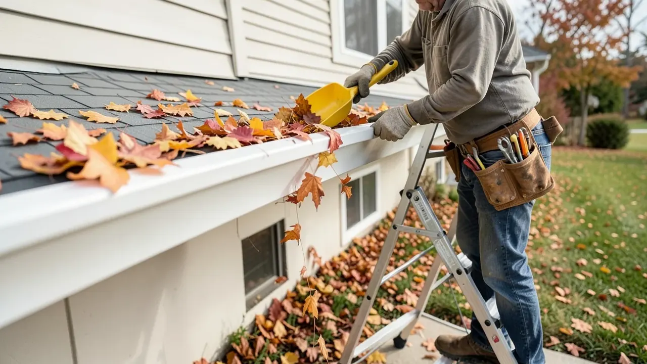Handyman on a stepladder scooping autumn leaves out of a white gutter