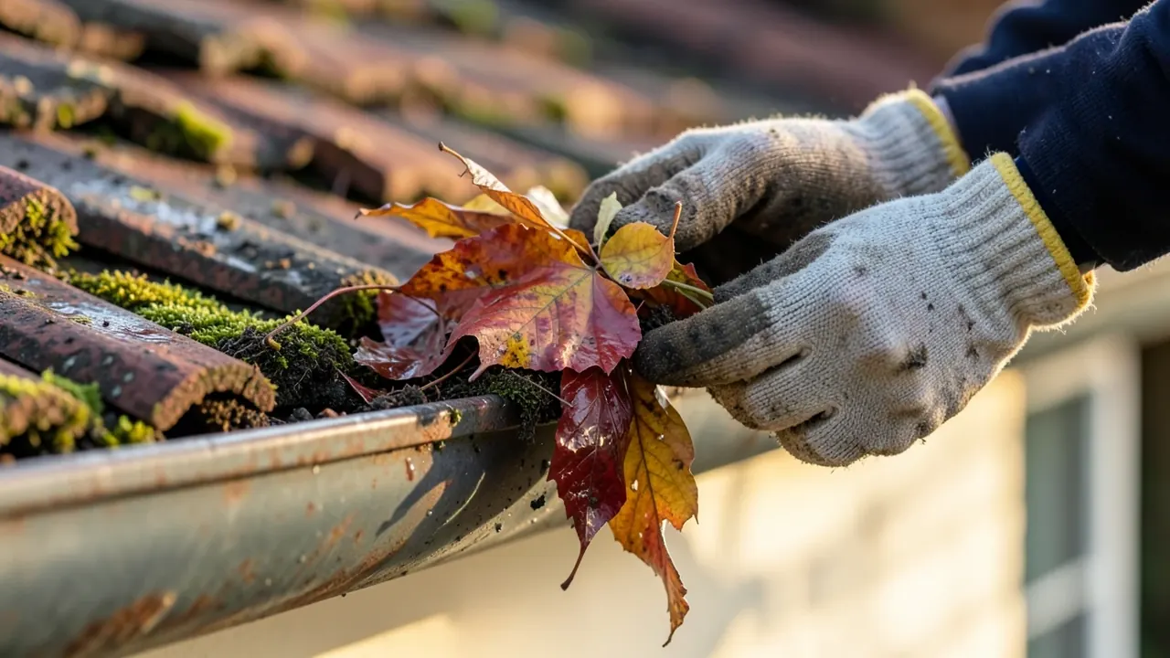 Gloved hands scooping wet leaves out of a roof gutter
